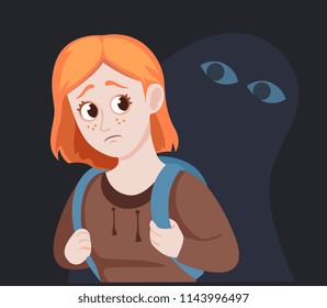 redhead girl is afraid to go alone at night, eyes in the dark watching girl. concept of fear cartoon vector illustration 