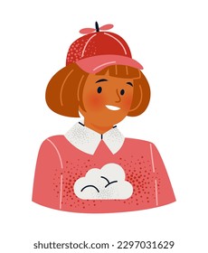 Redhead girl avatar. Cute portrait of smiling baby. Child in cap with helicopter. Adorable kid character in stylish pink sweater. Cartoon flat vector illustration isolated on white background