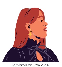 Redhead girl avatar side view. Proud young woman with earrings user profile. Negative facial expression portrait. Female face with neglect, arrogant look. Flat isolated vector illustration on white