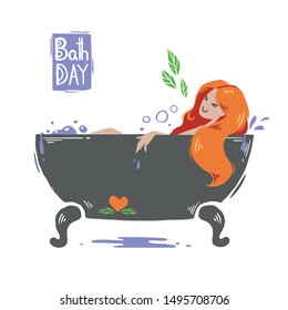 The redhead girl in a bath. Illustration about hygiene and caring for body. Cartoon flat style. Happy character.