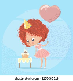 Redhead Girl Blowing out Birthday Cake Candle. Baby Character wearing Pink Dress Celebrate Birth Party. Cute Girl Holding Balloon. Cartoon Vector Illustration.