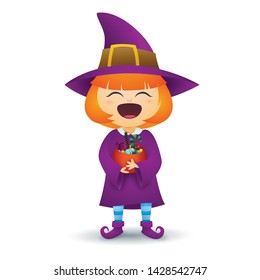 Redhead girl in costume of witch. Excited girl with open mouth holding pumpkin bucket of sweets. Can be used for topics like cartoon character, horror, fantasy