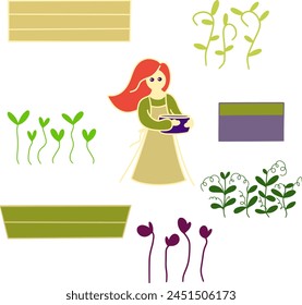 Redhead girl with crates and microgreens vector clipart, agriculture, garden, organic, seedling, hobby, gardener