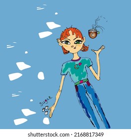 Redhead girl with a cup of coffee and sugar cubes, coffee lover, cartoon drawing