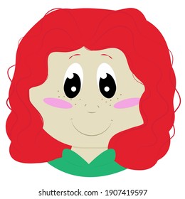 redhead girl with curly long hair and freckles in a green sweatshirt, child s face and head in flat style, vector illustration