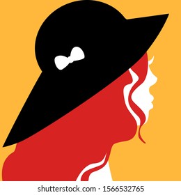 Redhead girl in cute black hat. Portrait. Profile of a woman in minimalist style.