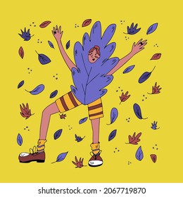 La chica pelirroja está bailando en hojas multicolores cayendo. Inspirada por el otoño, el espíritu de otoño, está sonriendo, alegre y sonrojándose.