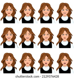 Redhead girl with different facial expressions. Set of human emotions. Vector illustration.