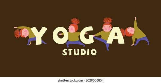 redhead girl doing different yoga asanas. logo, poster for yoga studio.