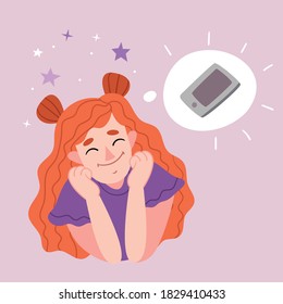 Redhead girl dreams of a smartphone.Smartphone as a gift.