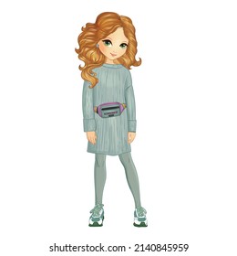 Redhead girl dressed in green sweater and leggings