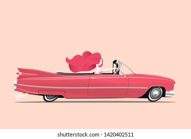 Redhead girl is driving a classic red cabriolet car. Woman driving. Cartoon styled vector illustration.