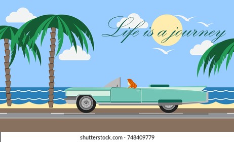 Redhead girl driving flat design vector illustration