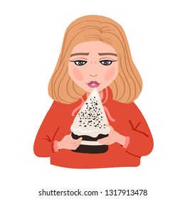 Redhead girl eats big piece of cake

