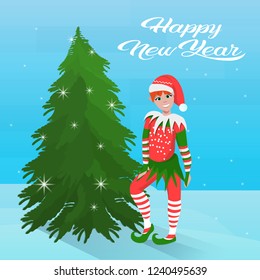 redhead girl elf costume near fir tree happy new year merry christmas concept flat
