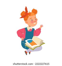 Redhead Girl First Grader Having Lesson Sitting with Open Book Vector Illustration