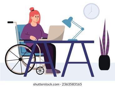 Redhead Girl. Freelancer In Wheelchair Work From Home. Vector Flat Illustration