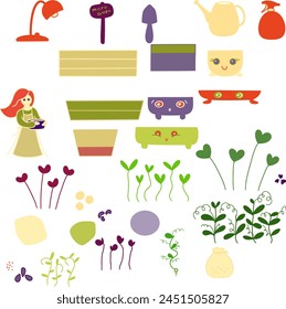 Redhead girl with Gardening items hand drawn vector clipart, tools, herbs, plants, crates, microgreen