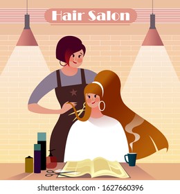 Redhead girl getting a haircut in a Hair Salon, city life illustration. Flat vector layout for landing page layout or banner design.