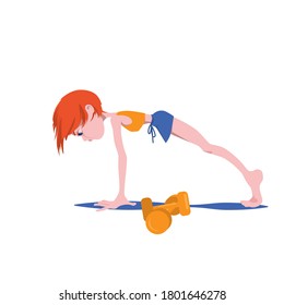 Redhead girl goes in for sports. Healthy lifestyle. Cartoon character woman vector illustration in flat style