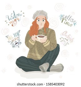 Redhead girl in a gray cap and comfortable clothes drinks hot coffee. Lettering about the winter. Pastel shades.