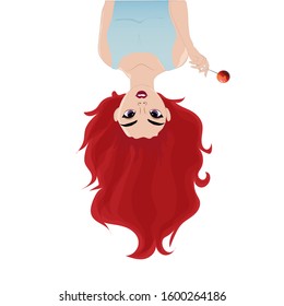 Redhead girl hangs upside down and holds a lollipop in her hand. Vector art