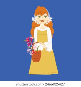 Redhead Girl holding basket of summer flowers. Woman in yellow dress. Beauty gift on birthday, valentine day, woman greetings. Blossom plant vector postcard