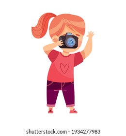 Redhead Girl Holding Camera and Taking Photo Vector Illustration