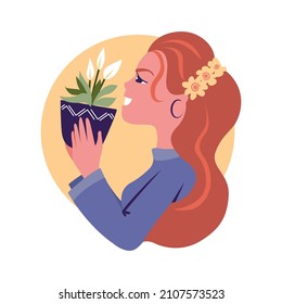 The redhead girl holding a plant pot and rejoicing. The house flowers – peace lily. The happy woman for holidays designs, spring stickers, summer logo.  Vector illustration 