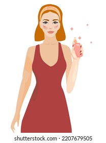 The redhead girl is holding a spray or perfume in her hands. A woman beautician is holding a product. Spray antiseptic protects against germs. Vector illustration is suitable for the beauty industry