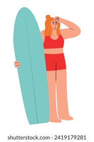 Redhead girl holding a surfboard, looking ahead, waiting for a wave. Hand drawn vector illustration in flat design, isolated on white