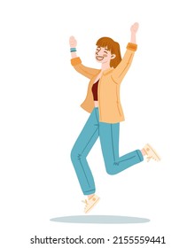 Redhead girl jumping for joy. She is wearing jeans, sneakers, a top and a shirt. Drawn in sketch style. Vector illustration for designs, prints, patterns. Isolated on white background