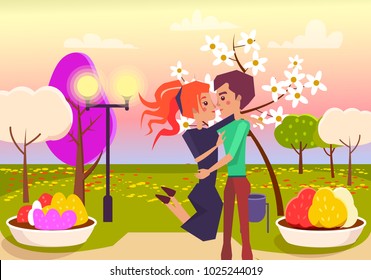 Redhead girl jumps in her boyfriends arms and looks in his eyes in park with blooming trees at sunset vector illustration.