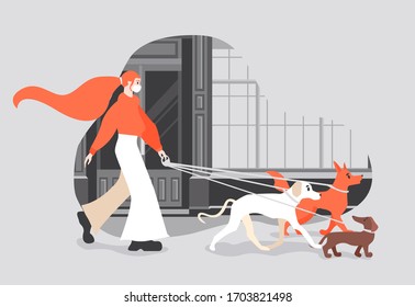 Redhead girl with a mask walks with dogs in the city. Vector cartoon illustration on the topic of the pandemic. Young girl walking on the street with dogs during quarantine. For books, poster, web. 