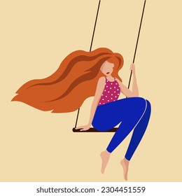 Redhead girl on a swing, blue trousers 