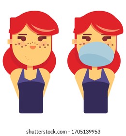 Redhead girl on white isolated backdrop. Young woman in mask for social banner, hygiene propaganda, medical poster. Social network logo or cloth print art. Flat style stock vector illustration