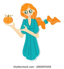 Redhead girl with a pumpkin in her hands. The young woman is happy with the new harvest. She's getting ready for Halloween or Thanksgiving. Character design. Isolated flat vector illustration