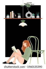 Redhead girl reads a book. The female character is sitting on the floor. Viennese chair, houseplants, concrete pots, books. Interesting book, home time. Vector illustration. Postcard, poster.