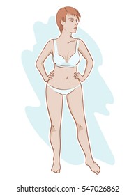 Redhead girl with short hair in underwear, colored illustration.