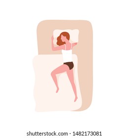 Redhead girl sleeping on her side on comfortable bed. Female character falling asleep in bedroom. Young woman taking rest on cozy mattress. Top view. Flat cartoon colorful vector illustration.