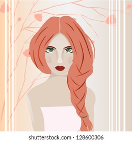 Redhead girl, spring landscape