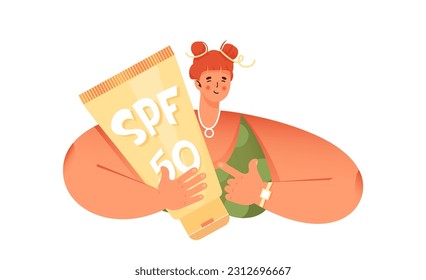 Redhead girl with sunburn redness hold spf sunscreen lotion. Cream protection from sun and uv. Cute flat woman with red hair and freckles. Vector illustration. Isolated.