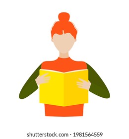Redhead girl, young woman reads a book. The concept of learning, gaining knowledge. Flat vector illustration, avatar