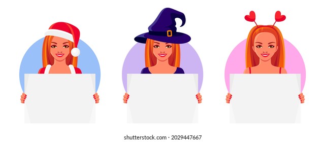 Redhead girls wearing masquerade costumes for Christmas, Halloween and Valentine's Day. Set of smiling women with empty posters in hands. Vector isolated illustrations templates for holiday ads
