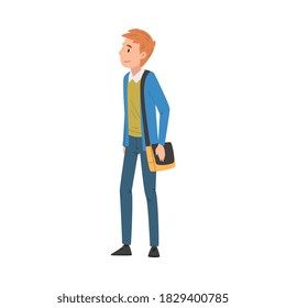 Redhead Guy in Casual Clothes Standing with Bag, International College or University Student Character Vector Illustration