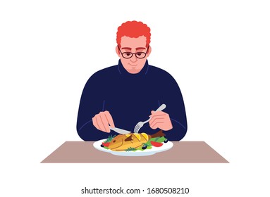 Redhead guy eating seafood semi flat RGB color vector illustration. Dinner at restaurant. Caucasian man enjoying salmon with lemon and vegetables isolated cartoon character on white background