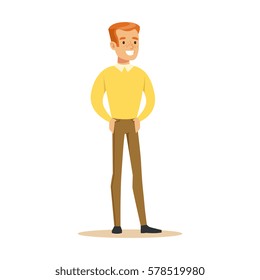 Redhead Guy In Yellow Sweater Overwhelmed With Happiness And Joyfully Ecstatic, Happy Smiling Cartoon Character