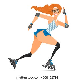 Redhead hipster roller girl with the glasses