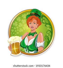 Redhead Irish girl in a leprechaun hat and a glass of beer in her hand. St. Patrick's Day Label. Vecton illustration