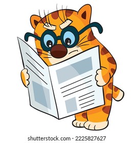 redhead krt in glasses reads a newspaper with a smart look, cartoon illustration, isolated object on a white background, vector, eps